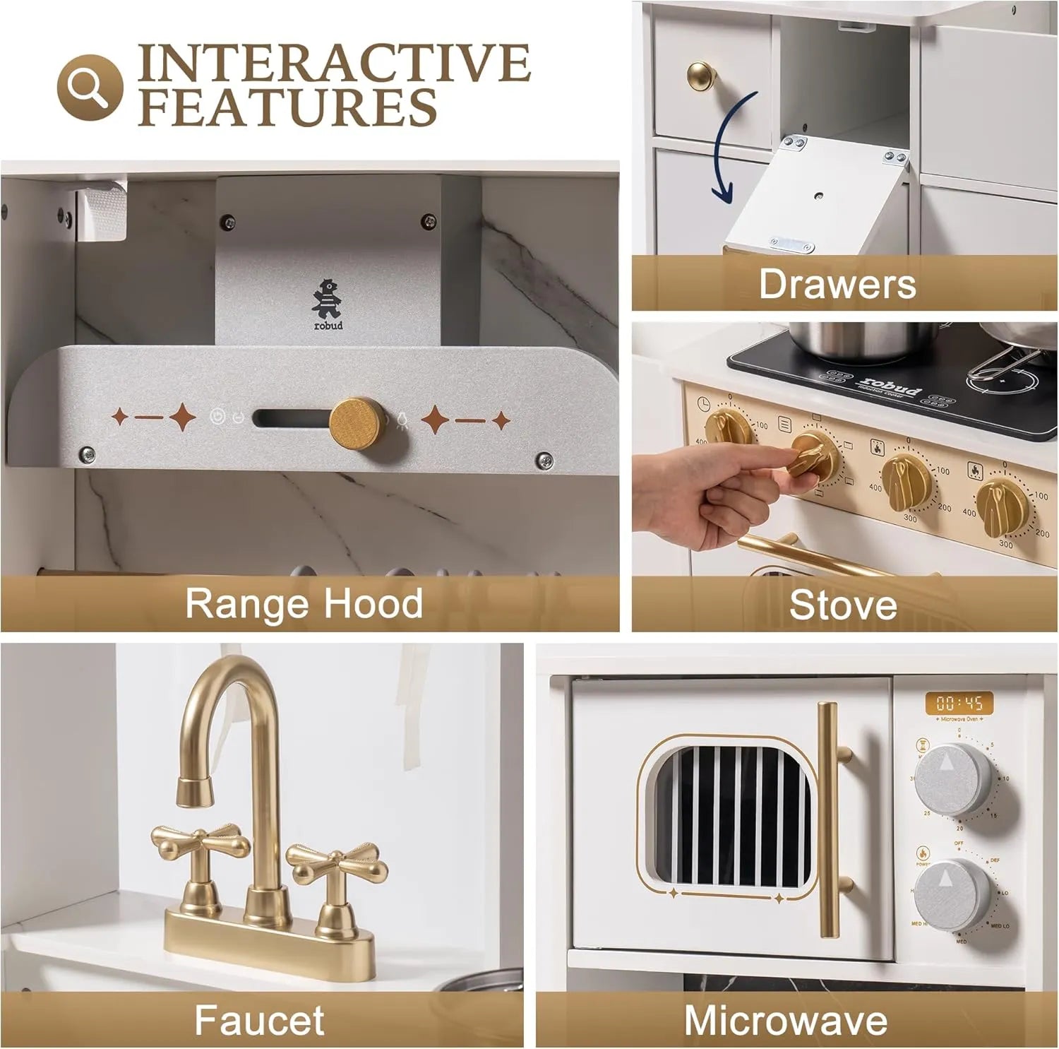 ROBUD - luxury playset wooden toy kitchen with white and gold accents.  Playhouse coffee machine, stove, sink and faucet, microwave, oven, ice maker and drawers.
