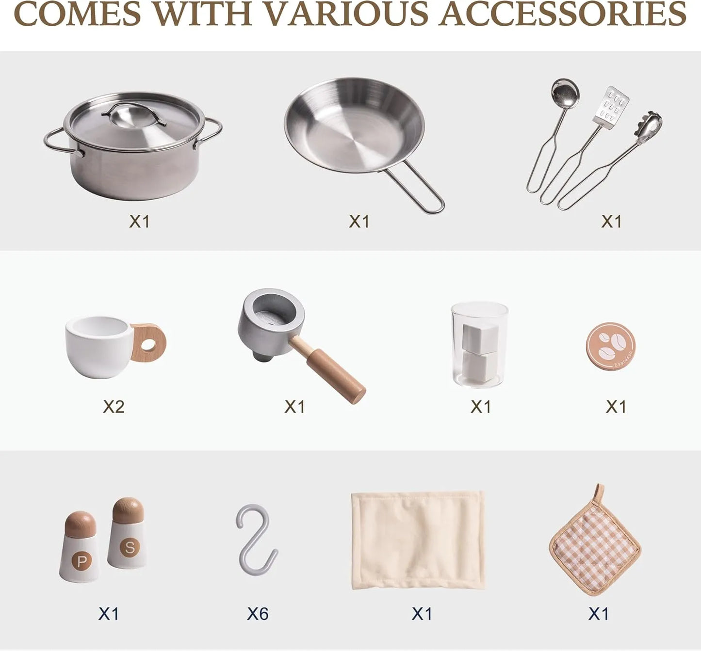 List of kitchen accessories including pots, pans, mugs, and utensils on a white background.