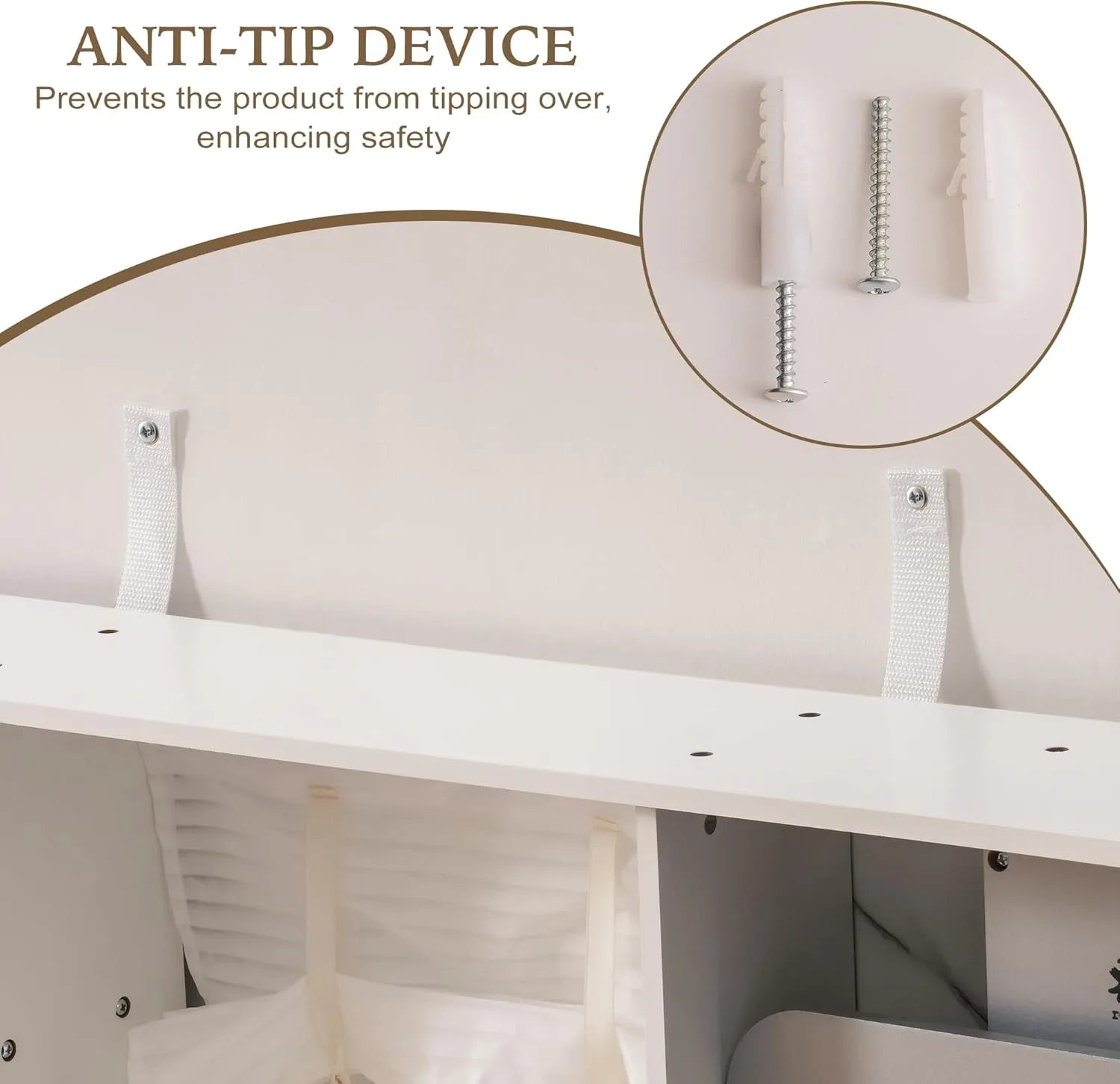 Anti-tip device on a piece of furniture with screws highlighted, emphasizing safety feature.