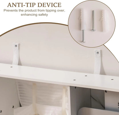 Anti-tip device on a piece of furniture with screws highlighted, emphasizing safety feature.