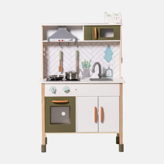 Children's play kitchen set with green and white design on a white background