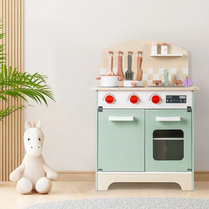 ROBUD - Wooded toy kitchen with toy wooden food and wooden utensils and pots and pans