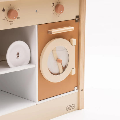 Wooden toy dishwasher with knobs and a door.