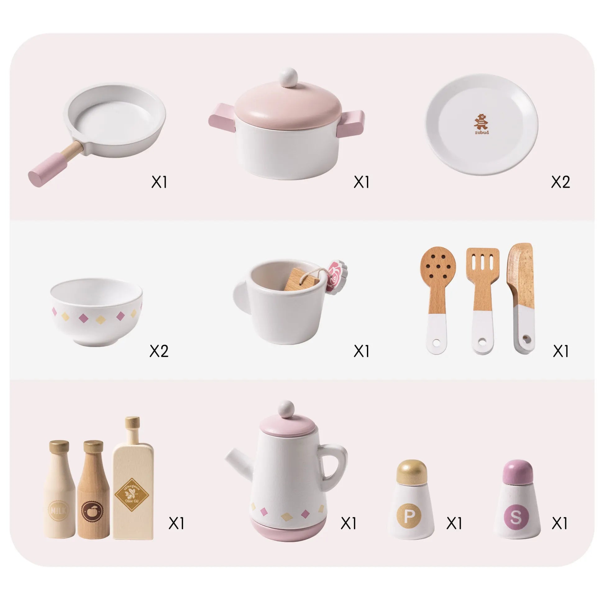 Set of children's kitchen playset with various utensils and cookware.