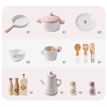 Set of children's kitchen playset with various utensils and cookware.