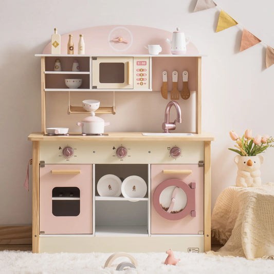 ROBUD pink wooden toy kitchen with accessories