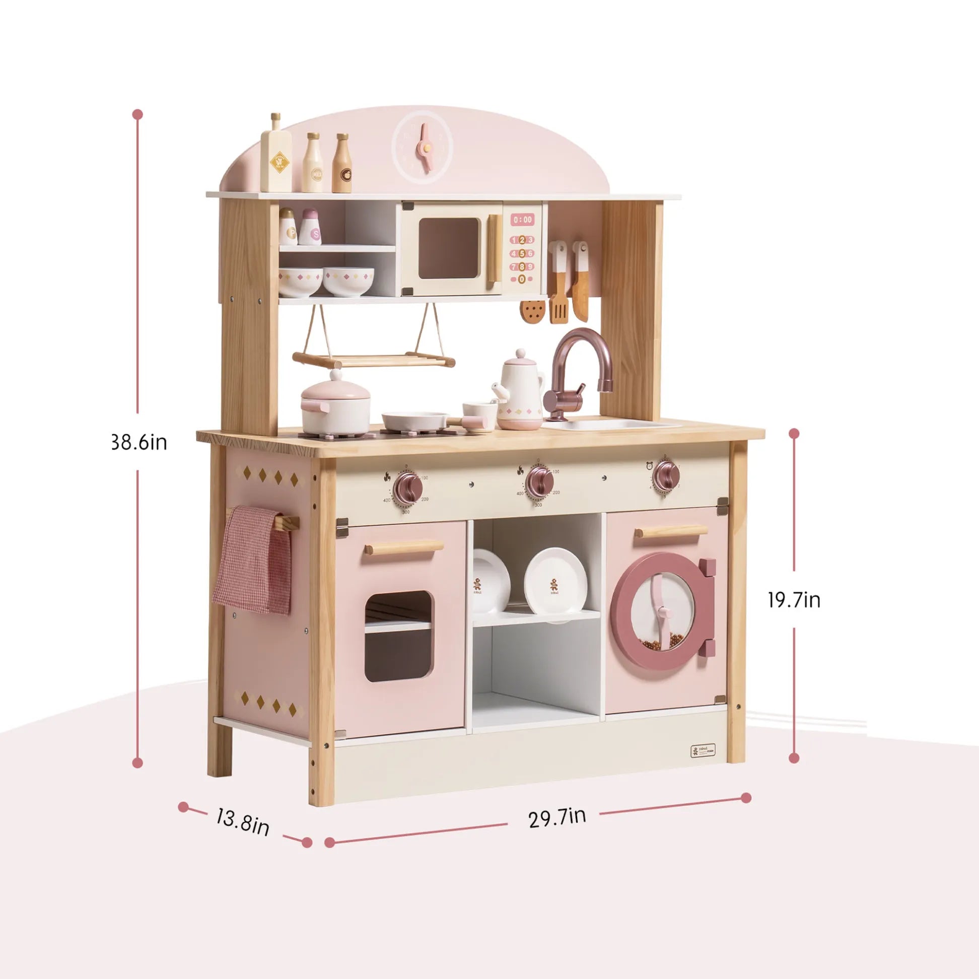 Children's play kitchen set with measurements on a white background